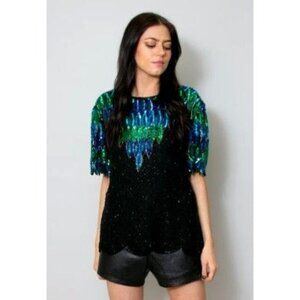 Vintage Stenay Sequined Black Silk Top Green Blue Peacock Glam Party Women M